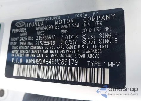 2025 Hyundai Kona Sel z USA, uszkodzony, nr VIN KM8HB3AB4SU286179